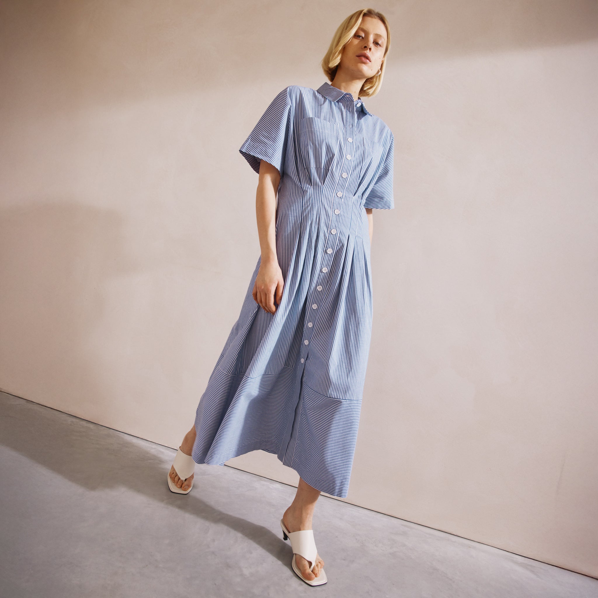 Blue Ticking Stripe Pleat Dress