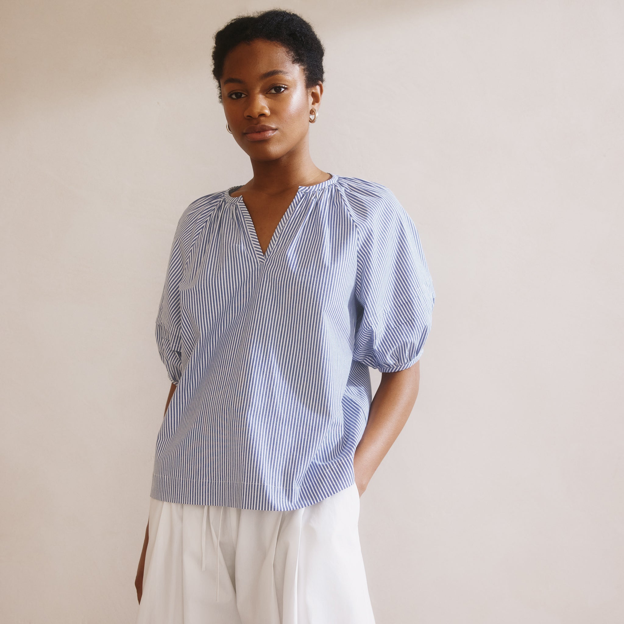 Blue Ticking Stripe Notch Neck Top